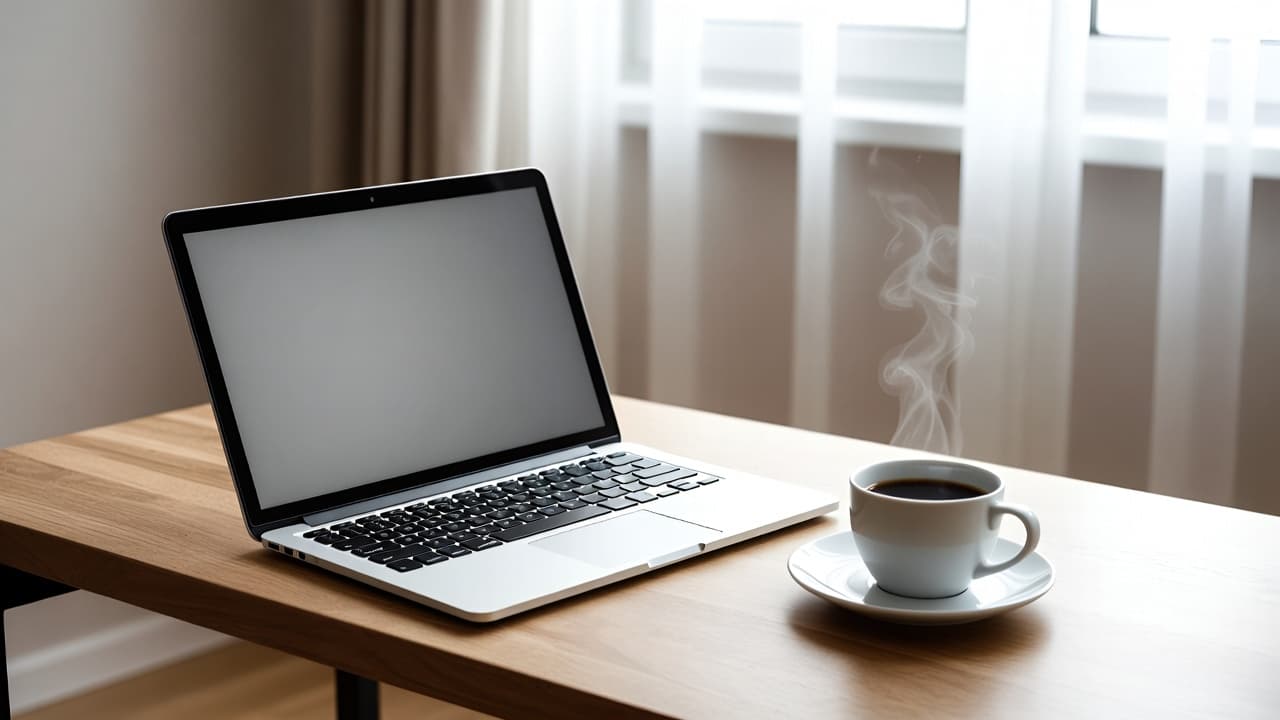 Minimalistischer Arbeitsplatz mit Laptop für Zeiterfassung