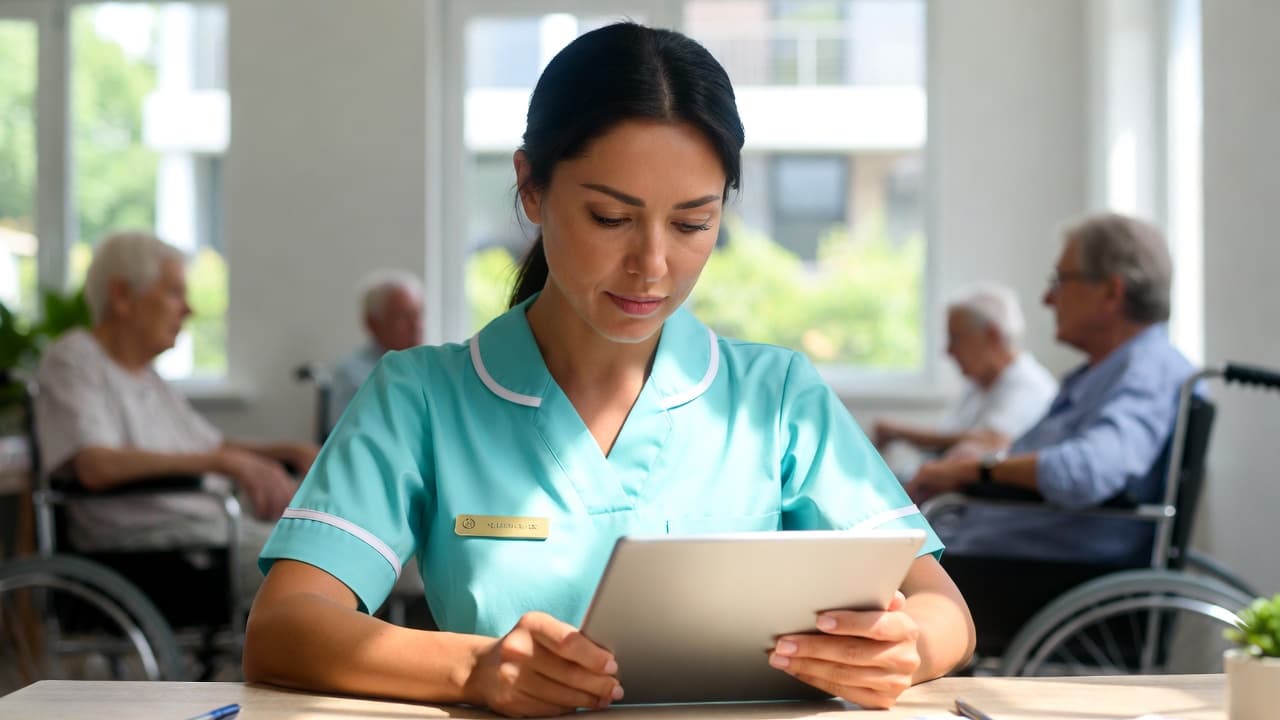 Pflegekraft erfasst Arbeitszeiten mit Tablet in einer Pflegeeinrichtung