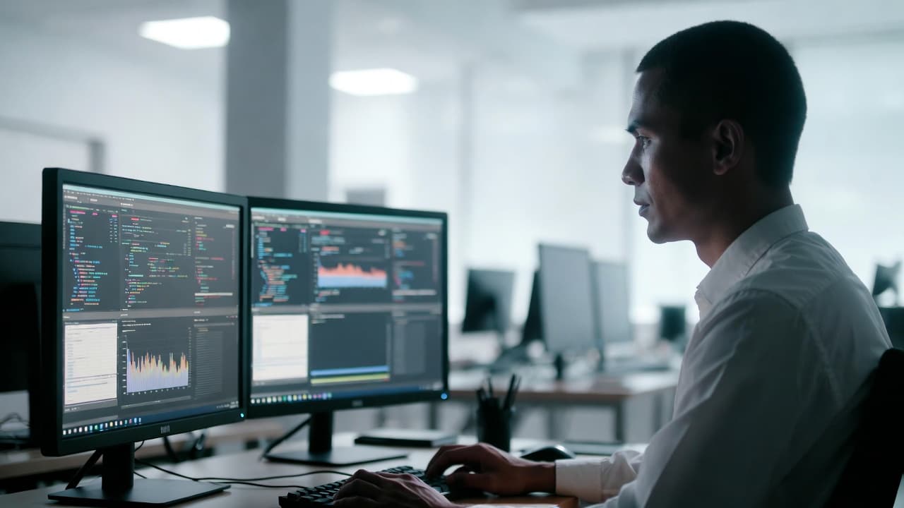 IT-Support-Spezialist bei der Arbeit mit mehreren Monitoren
