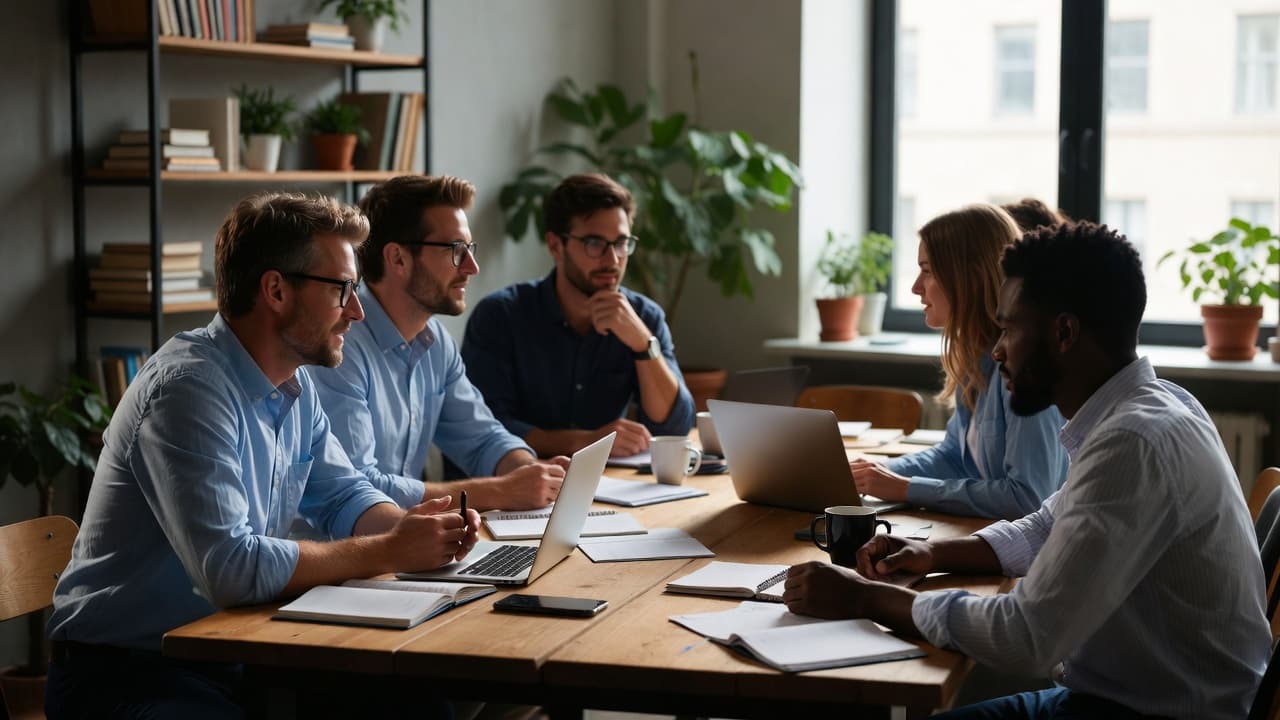 Kleines Team in einem hellen Büro bei der Besprechung von Arbeitszeiten