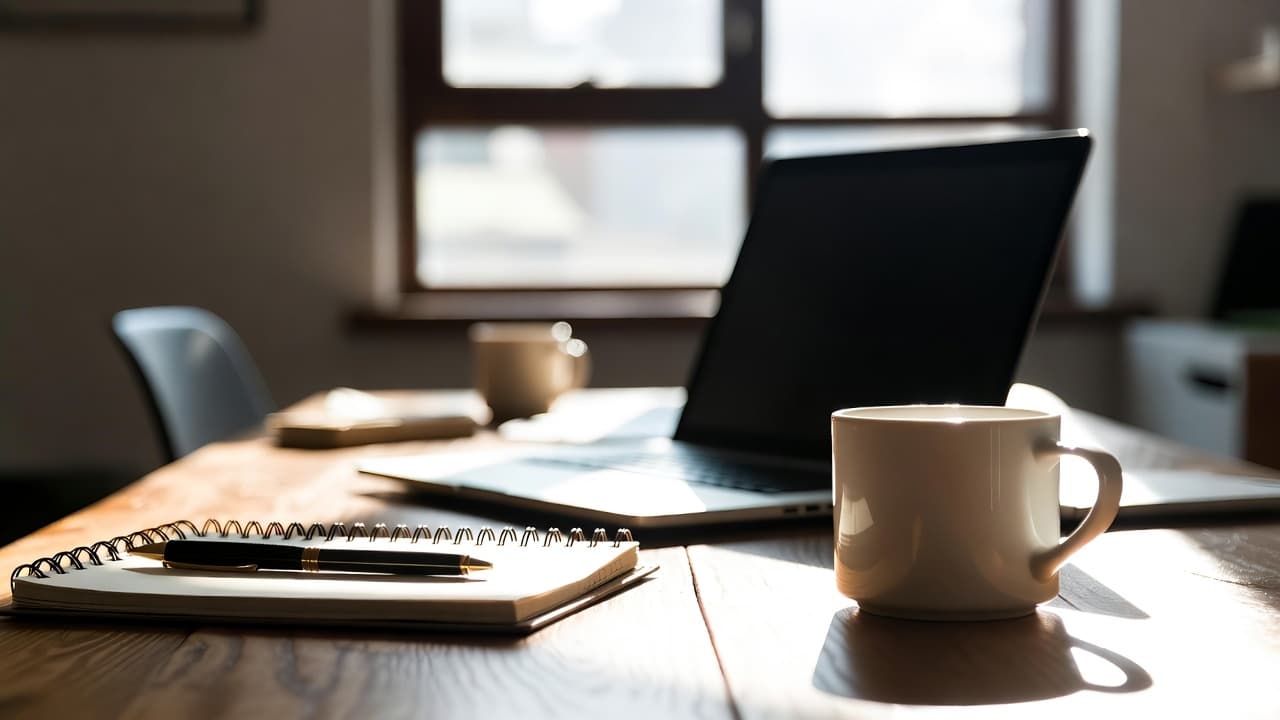 Professional workspace with laptop and notebook for time tracking