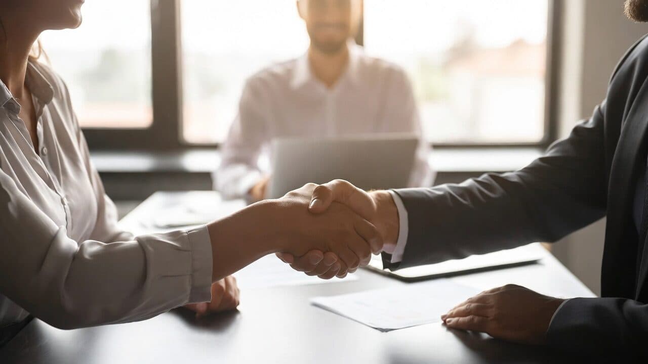 Consultant and client sealing a collaboration with a handshake
